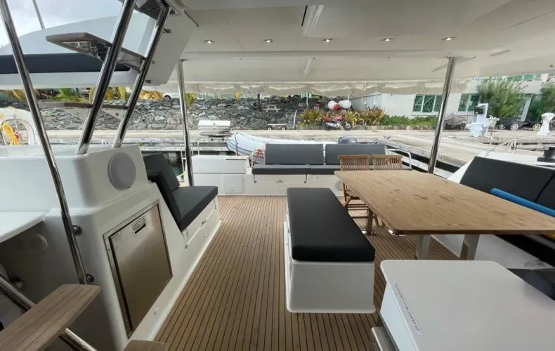 Deck of Soleil Rae, a Fountaine Pajot Saba 50 catamaran at Road Town, British Virgin Islands