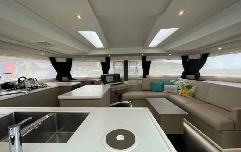 Cockpit of Soleil Rae, a Fountaine Pajot Saba 50 catamaran at Road Town, British Virgin Islands