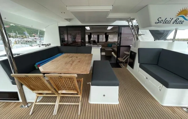 Deck of Soleil Rae, a Fountaine Pajot Saba 50 catamaran at Road Town, British Virgin Islands