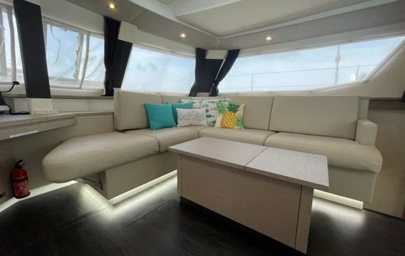 Salon of Soleil Rae, a Fountaine Pajot Saba 50 catamaran at Road Town, British Virgin Islands