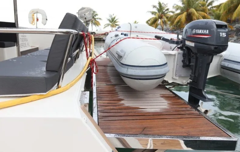 Deck of Soleil Rae, a Fountaine Pajot Saba 50 catamaran at Road Town, British Virgin Islands