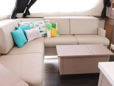 Salon of Soleil Rae, a Fountaine Pajot Saba 50 catamaran at Road Town, British Virgin Islands