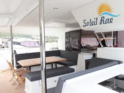 Deck of Soleil Rae, a Fountaine Pajot Saba 50 catamaran at Road Town, British Virgin Islands