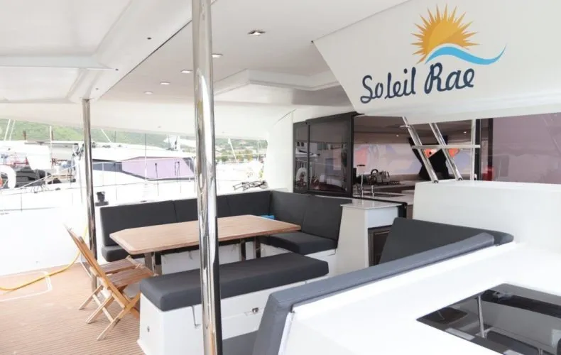 Deck of Soleil Rae, a Fountaine Pajot Saba 50 catamaran at Road Town, British Virgin Islands