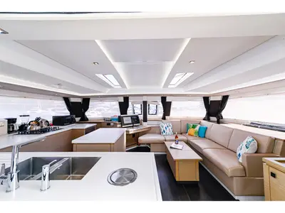 Salon of Soleil Rae, a Fountaine Pajot Saba 50 catamaran at Road Town, British Virgin Islands