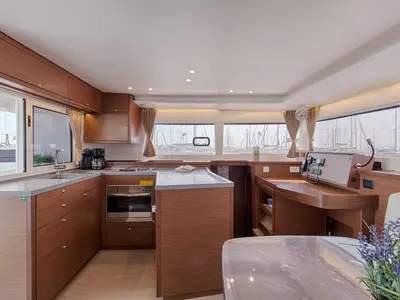 Galley of Smile, a Lagoon 450 Fly catamaran at Athens, Greece