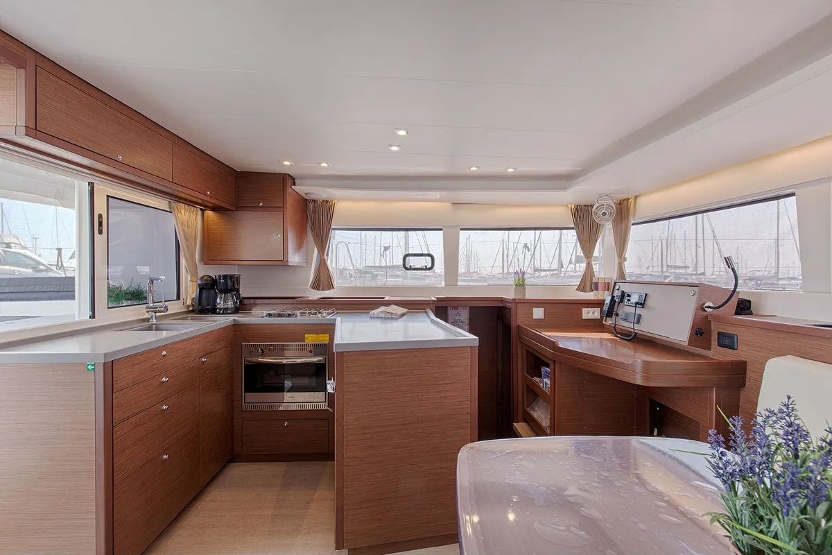 Galley of Smile, a Lagoon 450 Fly catamaran at Athens, Greece