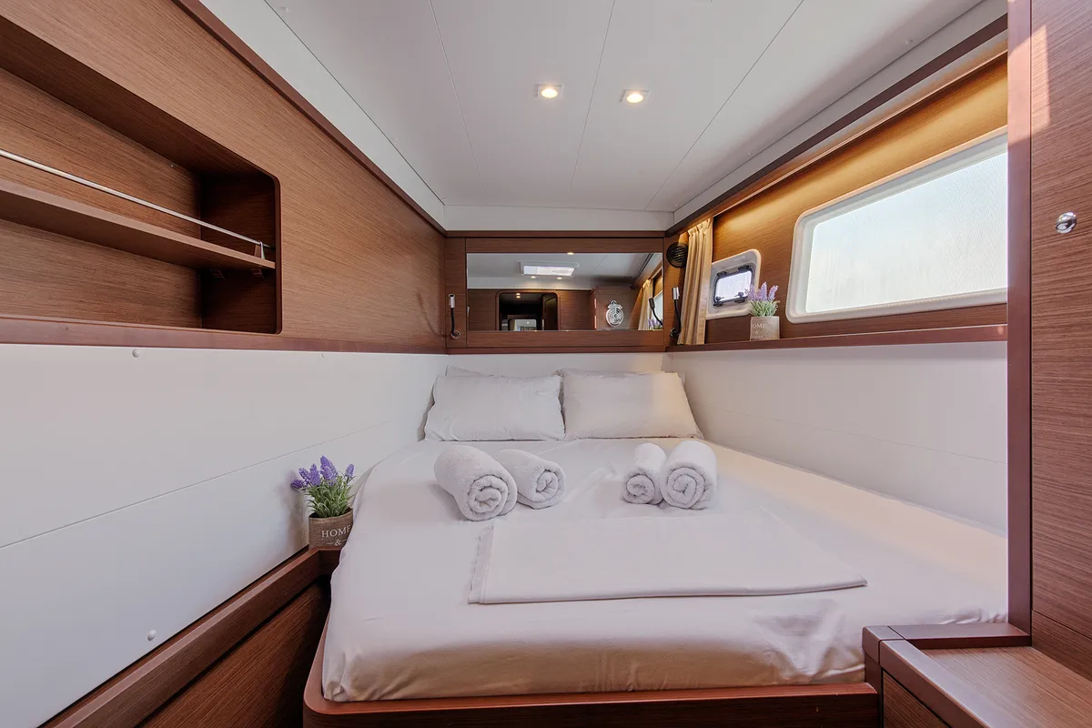 Cabin on Smile, a Lagoon 450 Fly catamaran at Athens, Greece