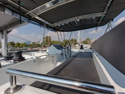 Cockpit of Smile, a Lagoon 450 Fly catamaran at Athens, Greece
