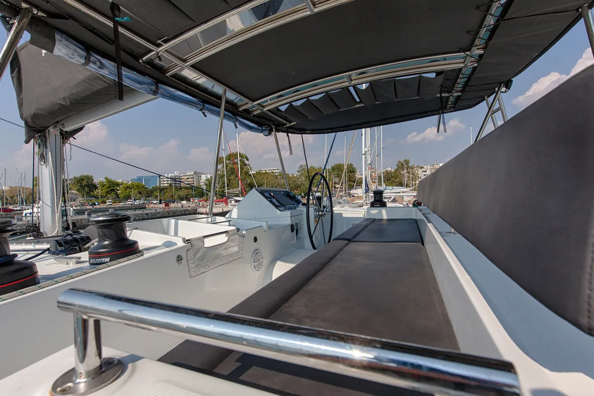 Cockpit of Smile, a Lagoon 450 Fly catamaran at Athens, Greece