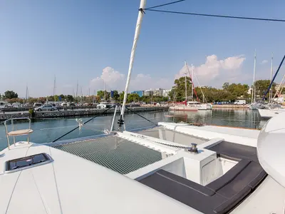 Deck of Smile, a Lagoon 450 Fly catamaran at Athens, Greece