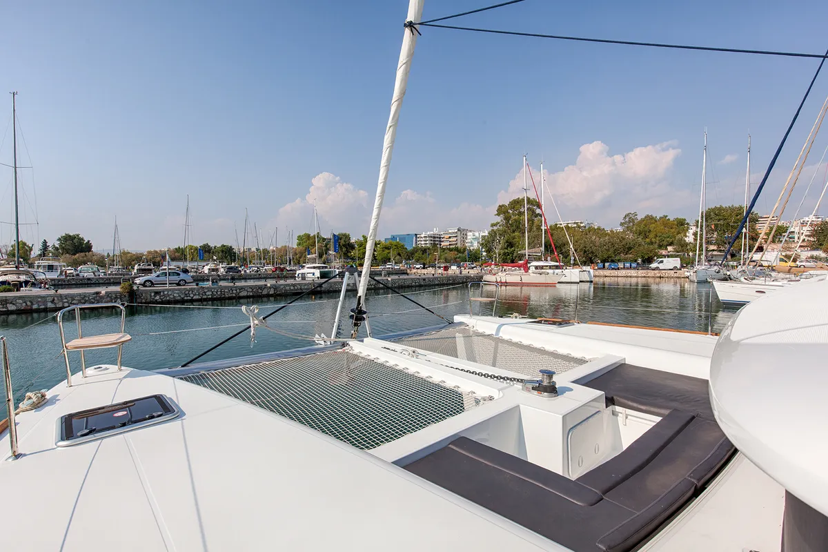 Deck of Smile, a Lagoon 450 Fly catamaran at Athens, Greece