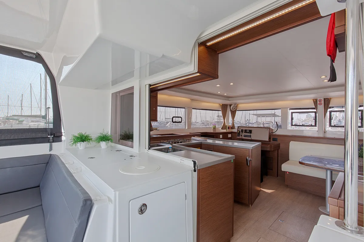 Deck of Smile, a Lagoon 450 Fly catamaran at Athens, Greece