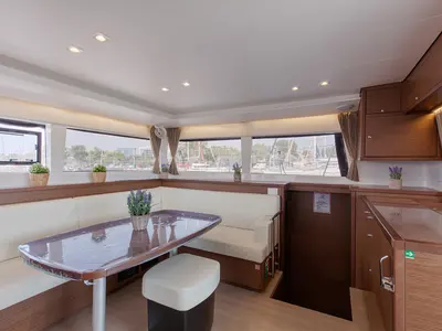 Salon of Smile, a Lagoon 450 Fly catamaran at Athens, Greece