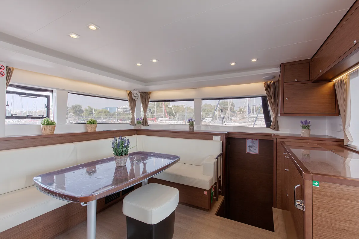 Salon of Smile, a Lagoon 450 Fly catamaran at Athens, Greece