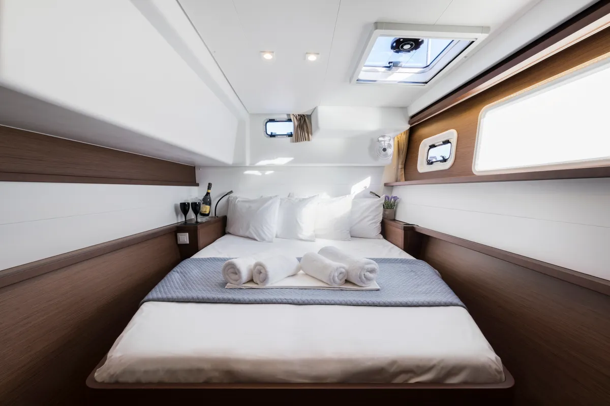 Cabin on Smile, a Lagoon 450 Fly catamaran at Athens, Greece