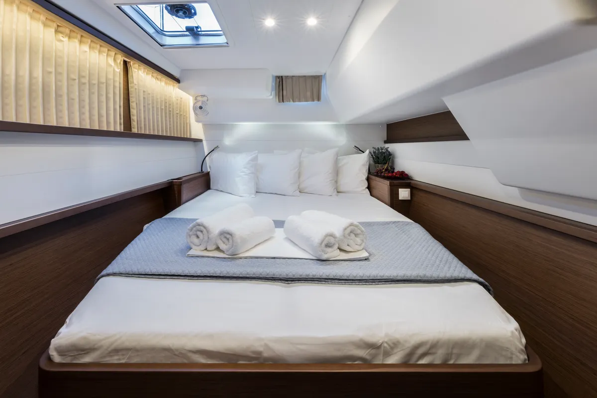 Cabin on Smile, a Lagoon 450 Fly catamaran at Athens, Greece