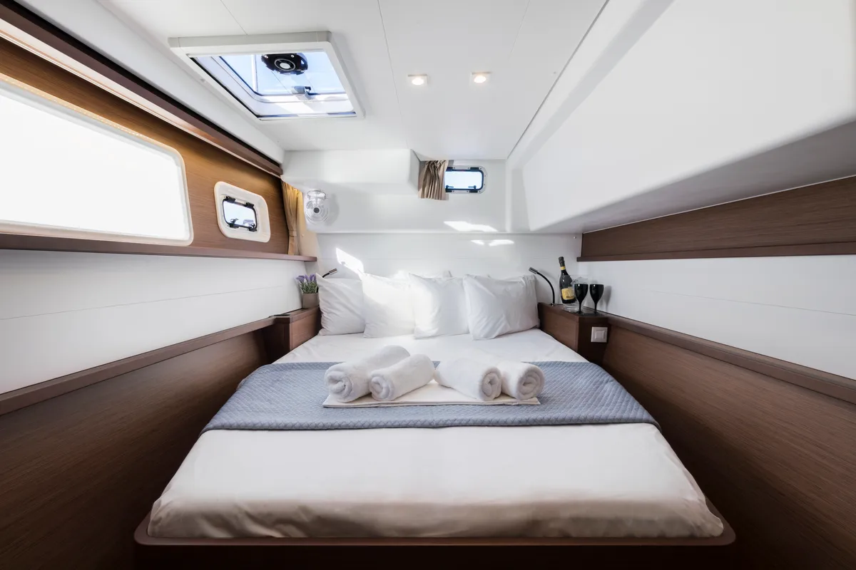 Cabin on Smile, a Lagoon 450 Fly catamaran at Athens, Greece