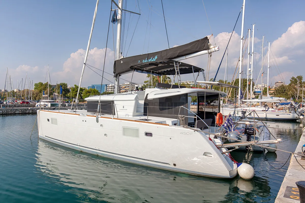Exterior view of Smile, a Lagoon 450 Fly catamaran at Athens, Greece