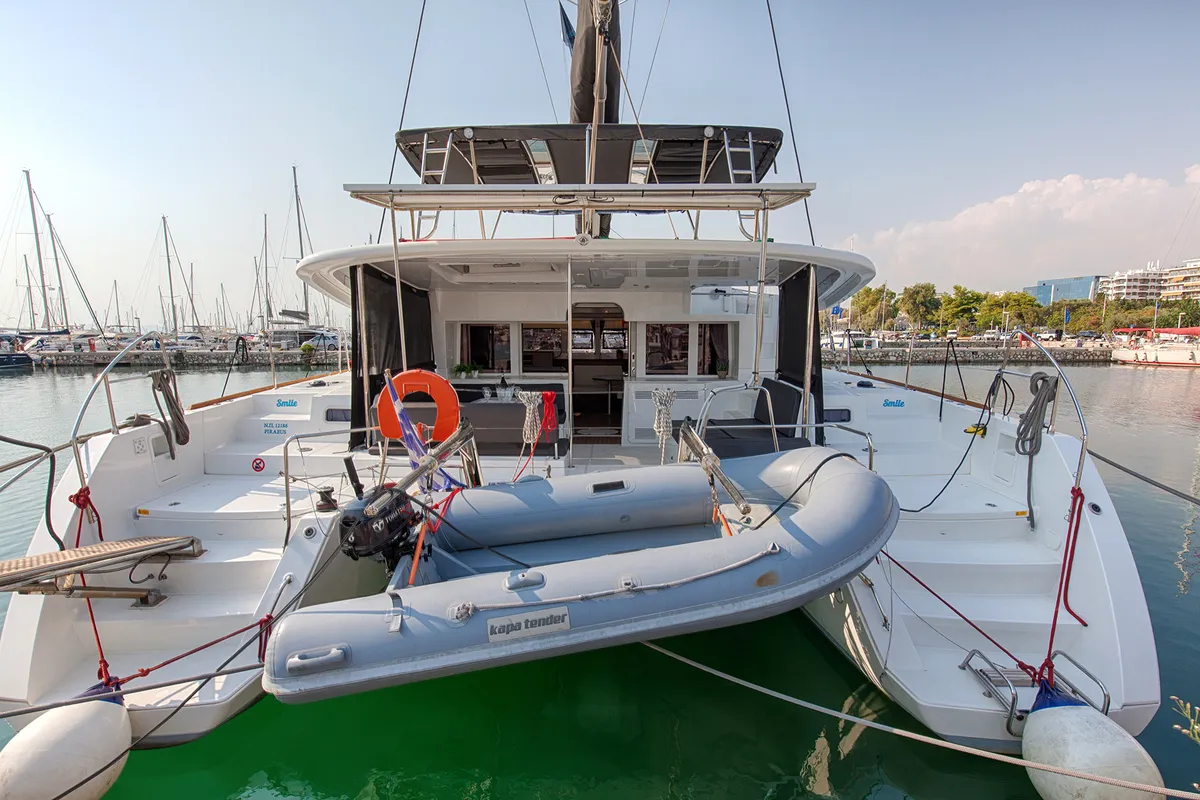 Exterior view of Smile, a Lagoon 450 Fly catamaran at Athens, Greece