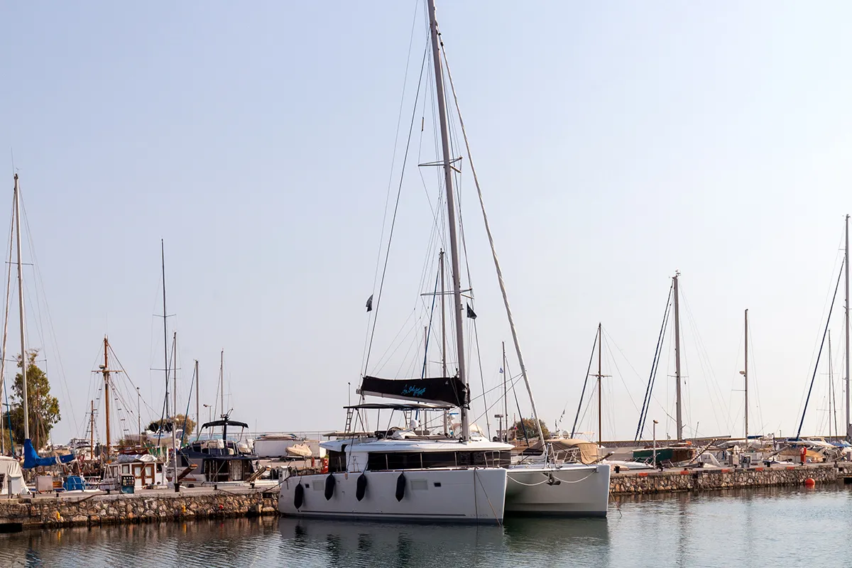 Exterior view of Smile, a Lagoon 450 Fly catamaran at Athens, Greece
