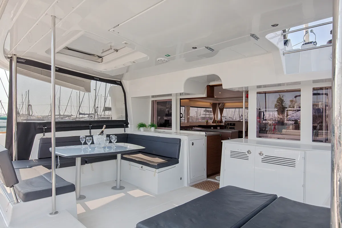 Deck of Smile, a Lagoon 450 Fly catamaran at Athens, Greece