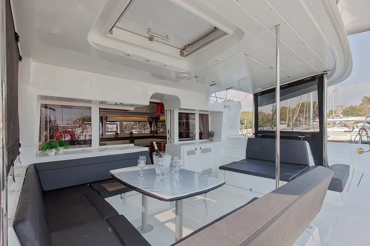 Deck of Smile, a Lagoon 450 Fly catamaran at Athens, Greece