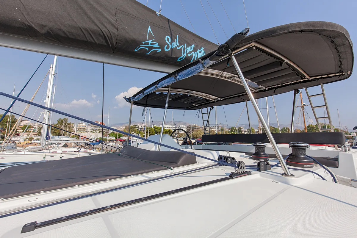 Deck of Smile, a Lagoon 450 Fly catamaran at Athens, Greece