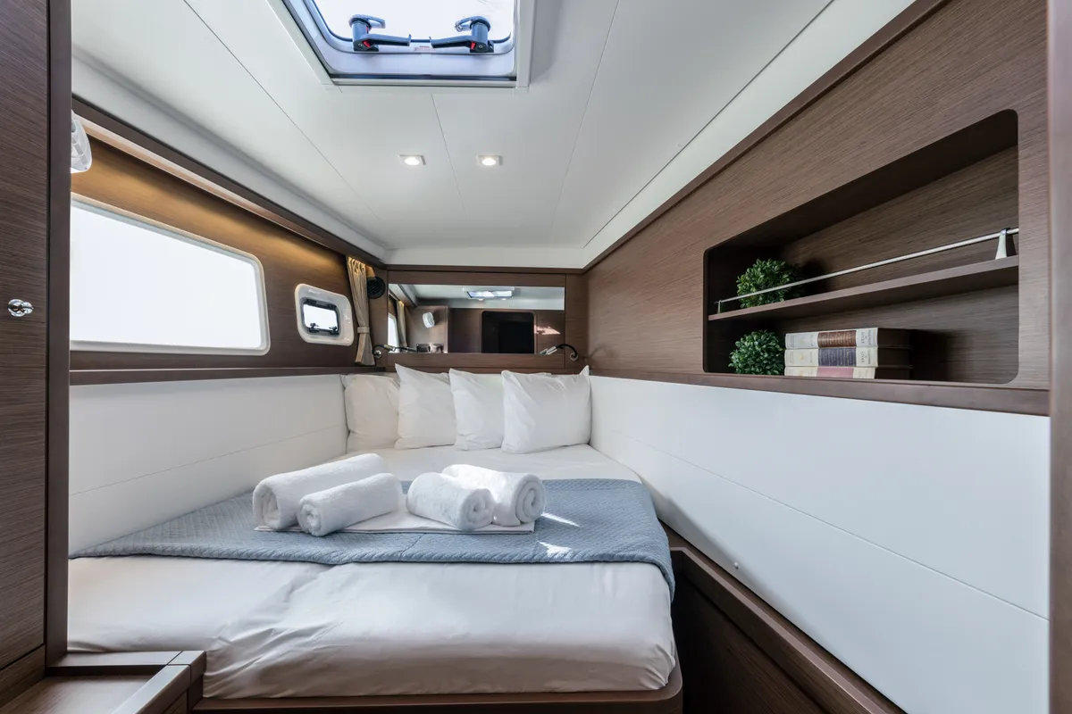 Cabin on Smile, a Lagoon 450 Fly catamaran at Athens, Greece