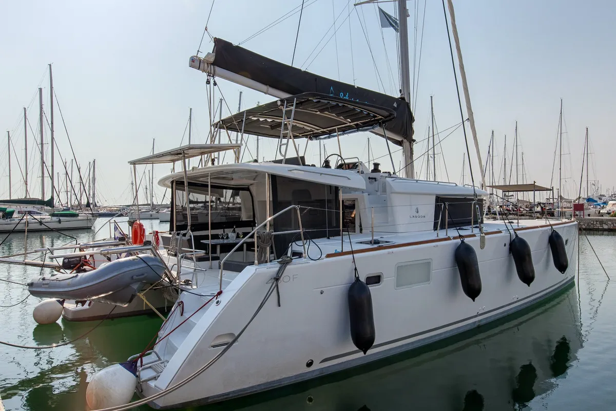 Exterior view of Smile, a Lagoon 450 Fly catamaran at Athens, Greece