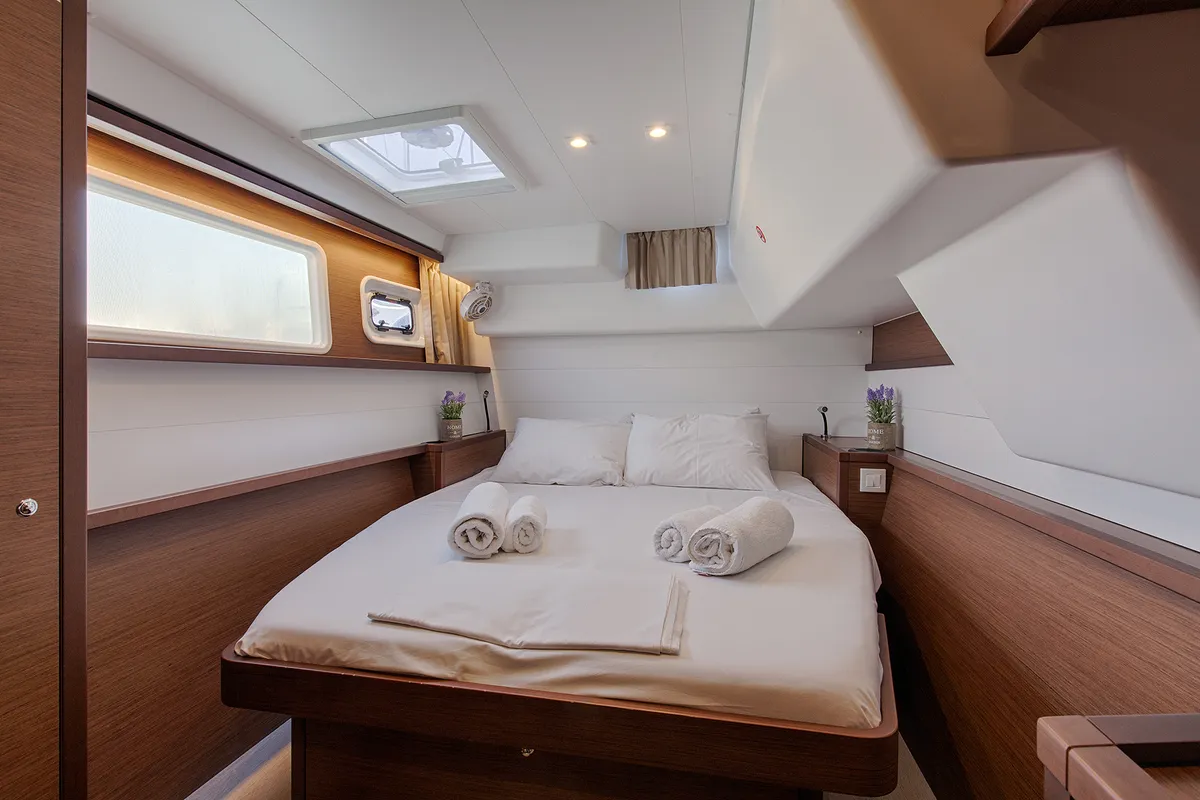 Cabin on Smile, a Lagoon 450 Fly catamaran at Athens, Greece