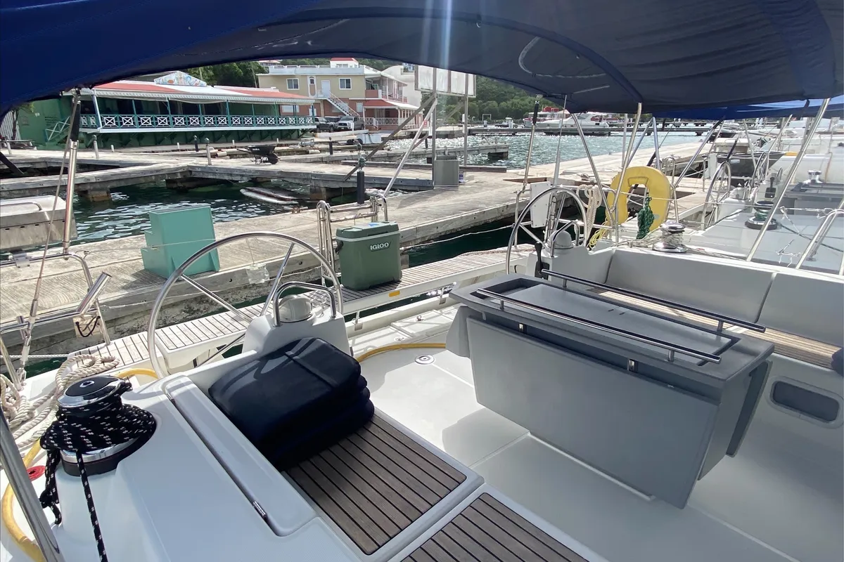 Cockpit of Spirit of Adventure, a Beneteau 48 sailboat at Road Town, British Virgin Islands