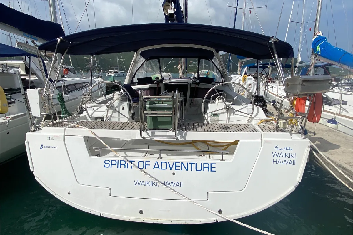 Exterior view of Spirit of Adventure, a Beneteau 48 sailboat at Road Town, British Virgin Islands