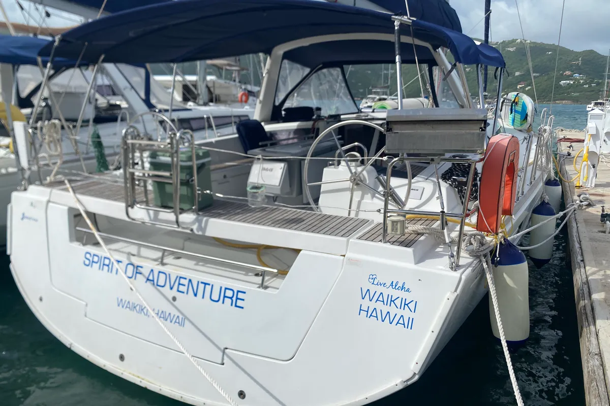 Exterior view of Spirit of Adventure, a Beneteau 48 sailboat at Road Town, British Virgin Islands