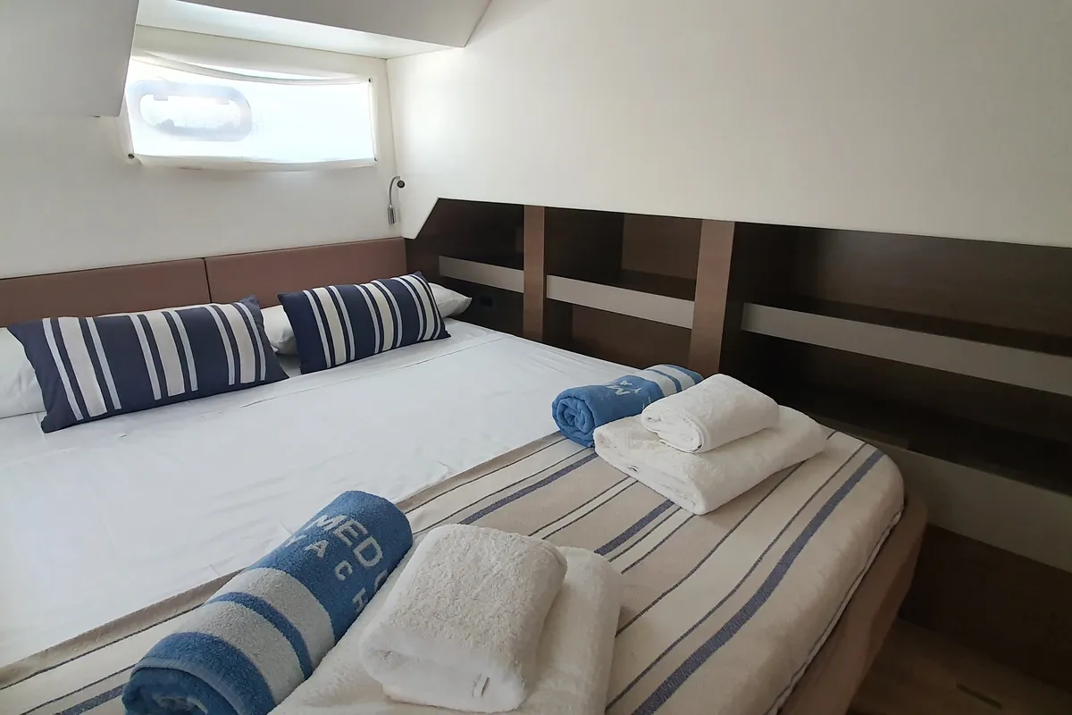 Cabin on Nia, a Bali 4.6 catamaran at Sitges, Spain