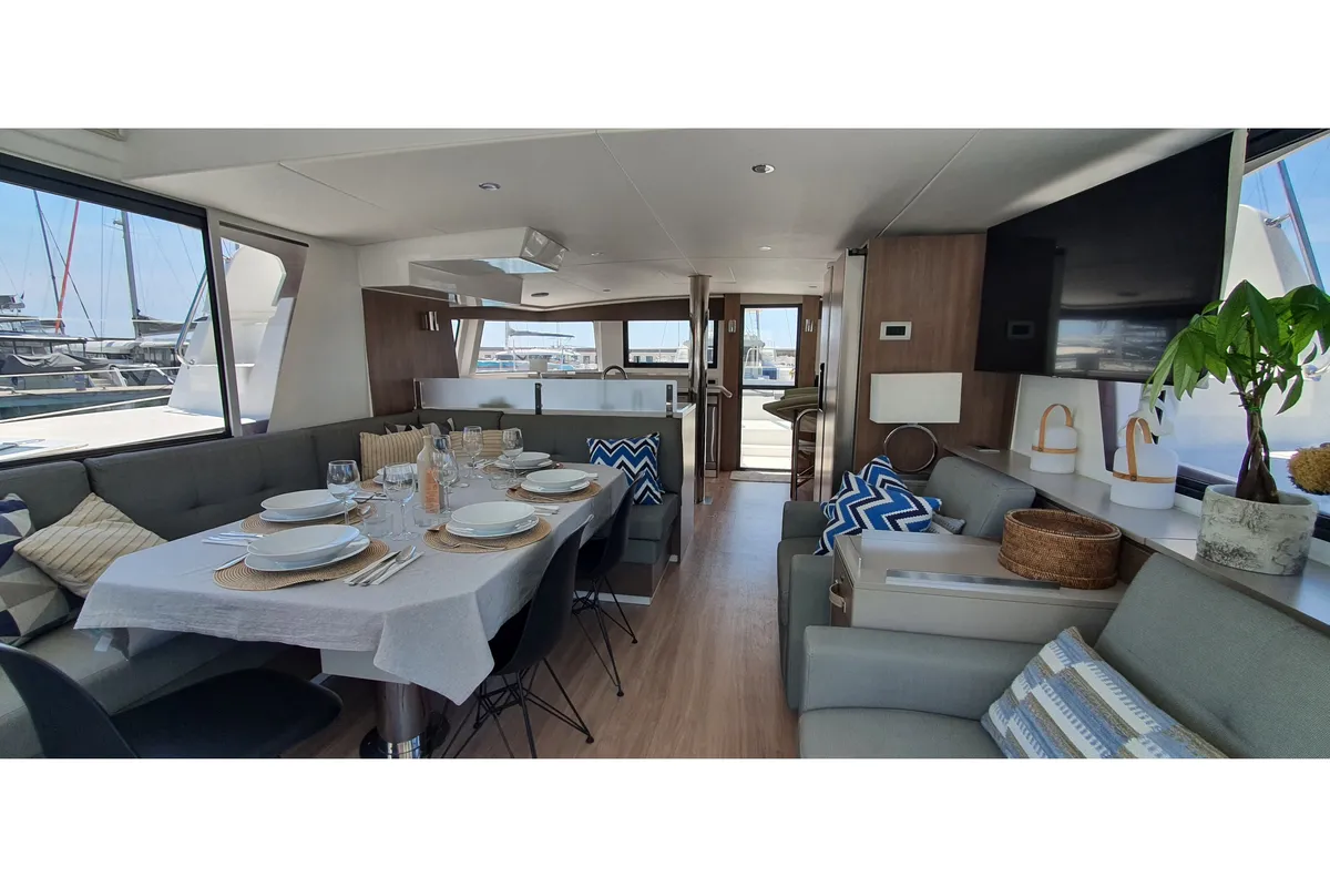 Salon of Nia, a Bali 4.6 catamaran at Sitges, Spain