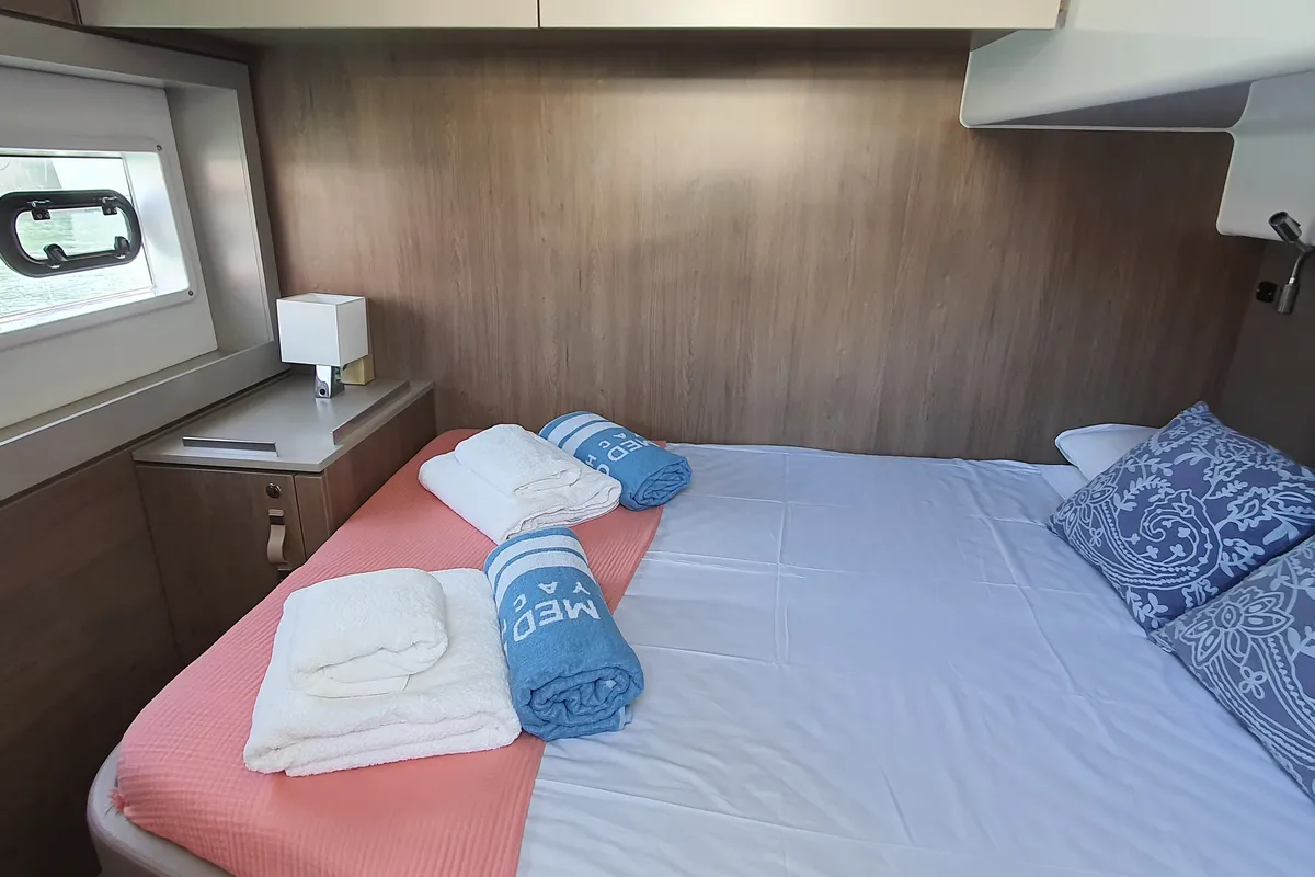 Cabin on Nia, a Bali 4.6 catamaran at Sitges, Spain