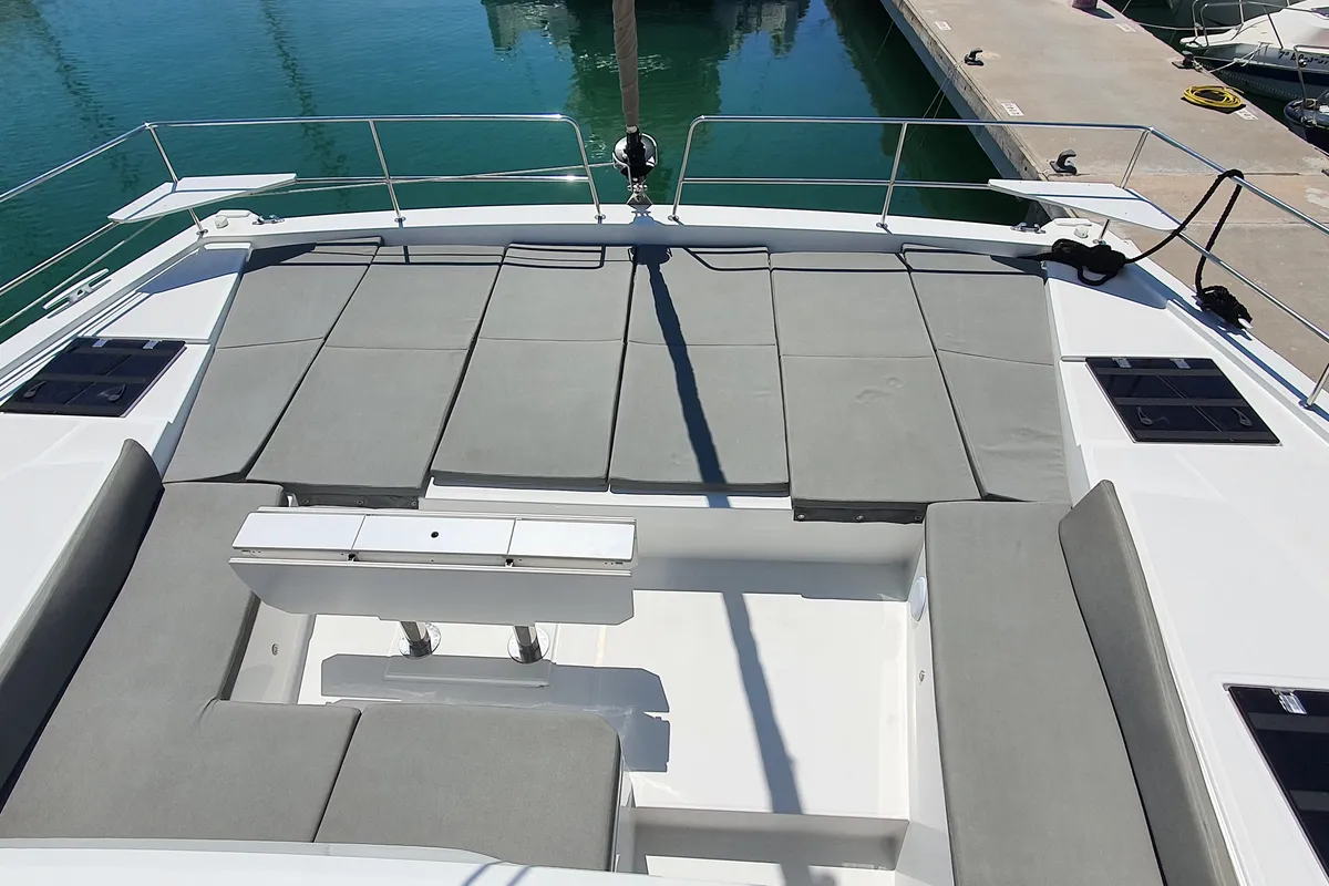 Deck of Nia, a Bali 4.6 catamaran at Sitges, Spain