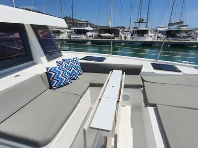 Deck of Nia, a Bali 4.6 catamaran at Sitges, Spain