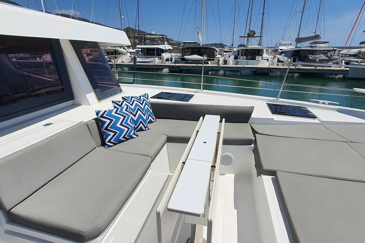 Deck of Nia, a Bali 4.6 catamaran at Sitges, Spain