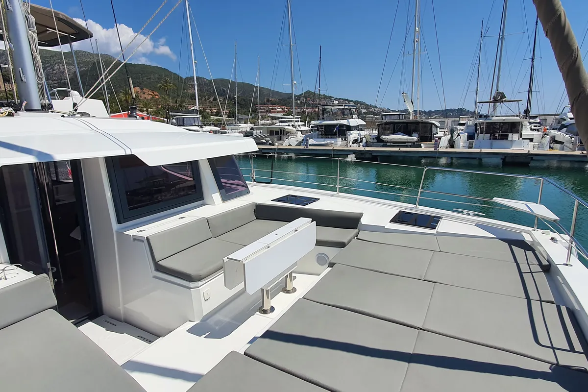 Deck of Nia, a Bali 4.6 catamaran at Sitges, Spain