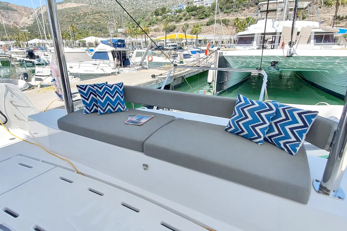 Deck of Nia, a Bali 4.6 catamaran at Sitges, Spain
