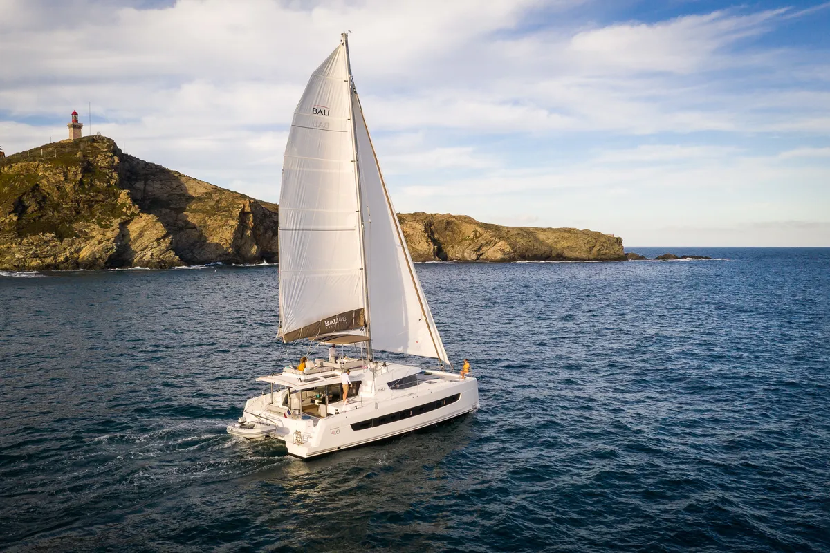 Exterior view of Nia, a Bali 4.6 catamaran at Sitges, Spain