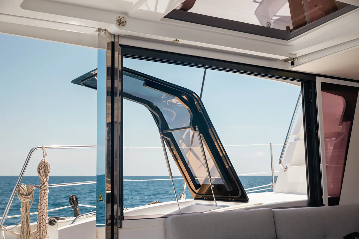 Deck of Nia, a Bali 4.6 catamaran at Sitges, Spain