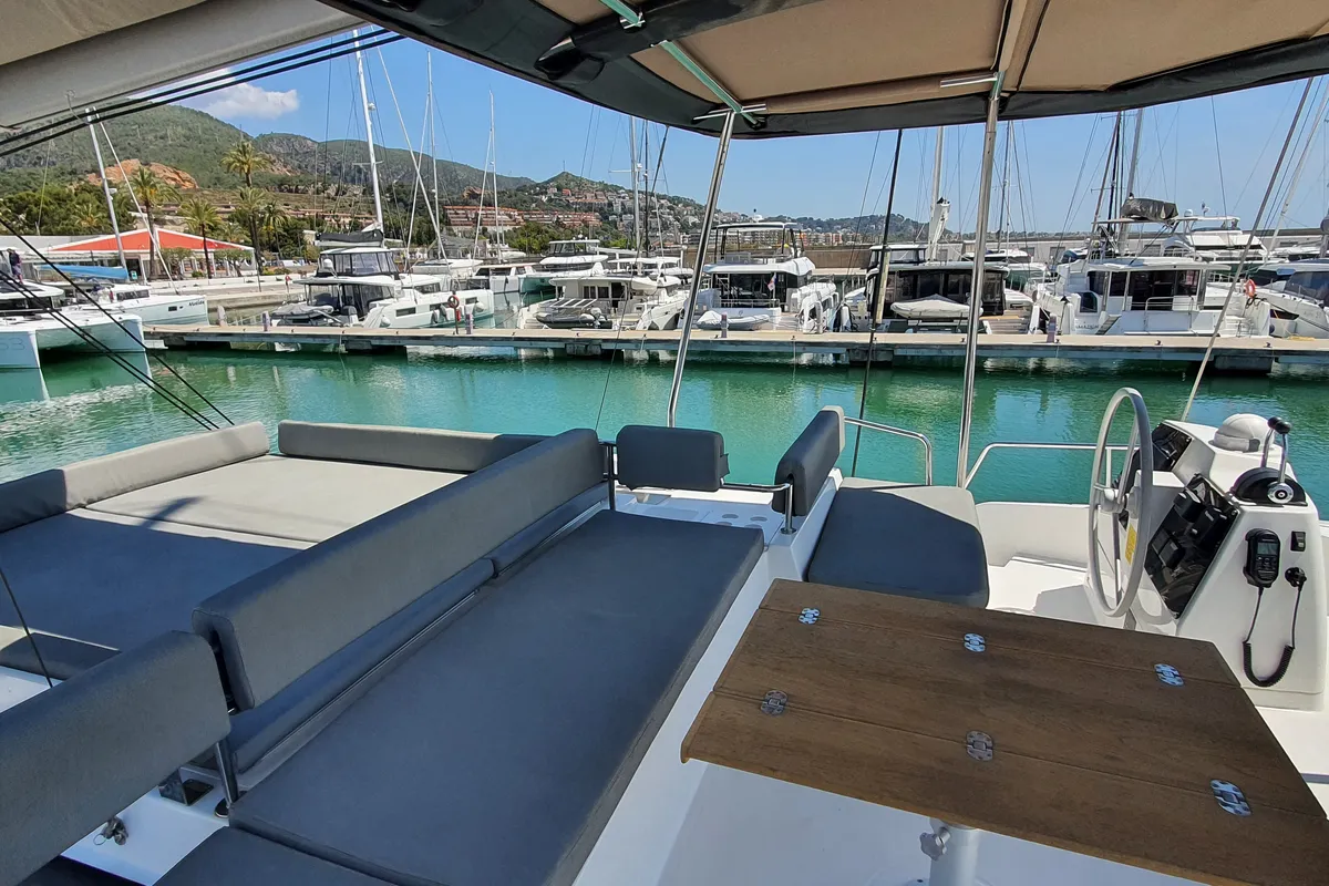 Deck of Nia, a Bali 4.6 catamaran at Sitges, Spain