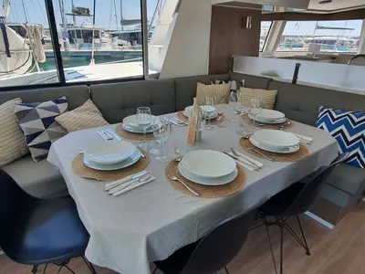 Salon of Nia, a Bali 4.6 catamaran at Sitges, Spain