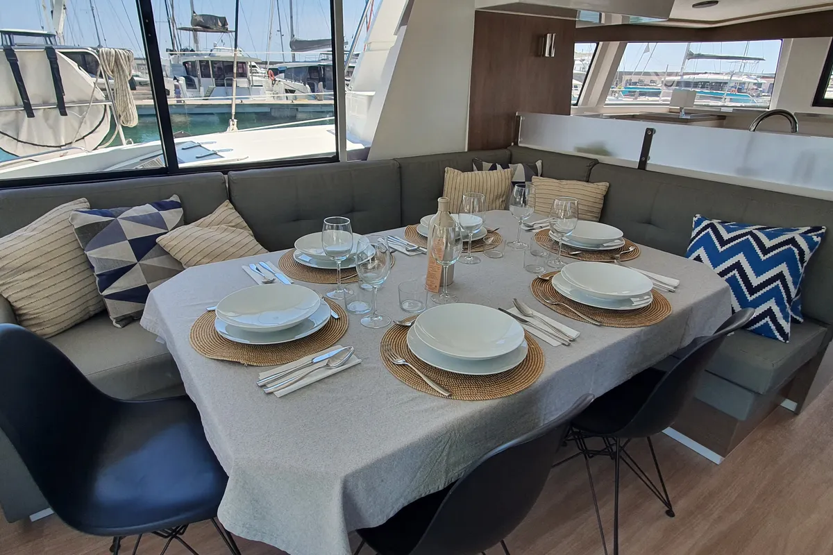 Salon of Nia, a Bali 4.6 catamaran at Sitges, Spain