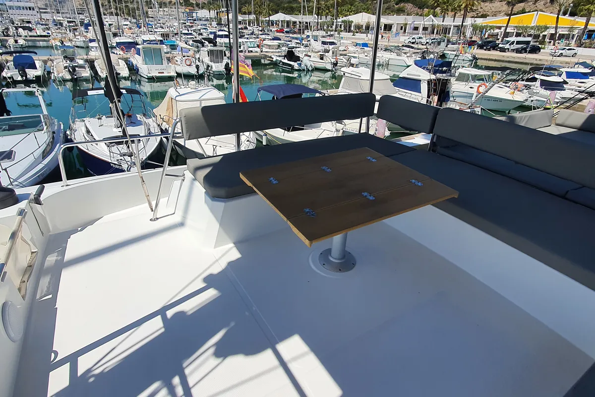 Deck of Nia, a Bali 4.6 catamaran at Sitges, Spain
