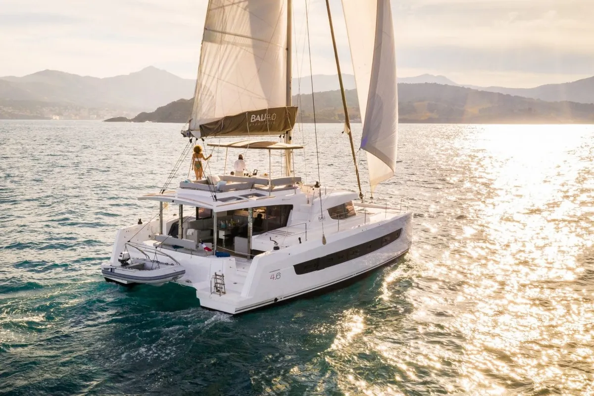 Exterior view of Nia, a Bali 4.6 catamaran at Sitges, Spain