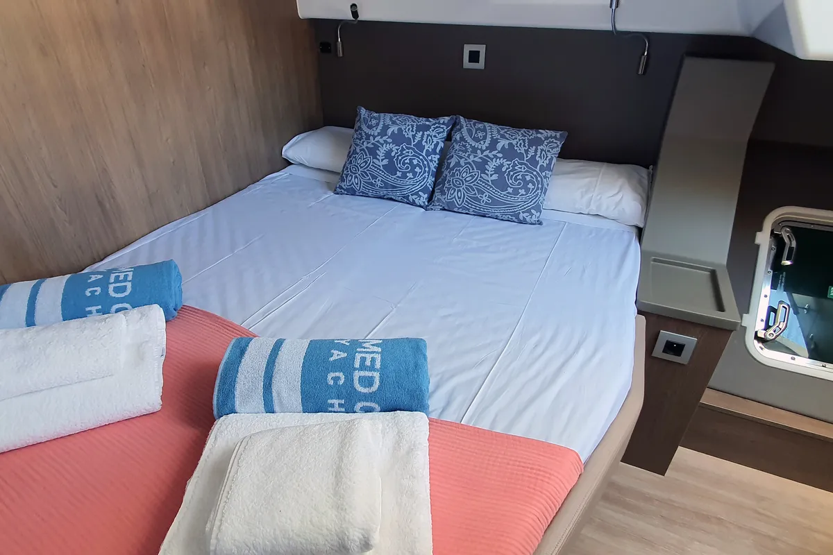 Cabin on Nia, a Bali 4.6 catamaran at Sitges, Spain
